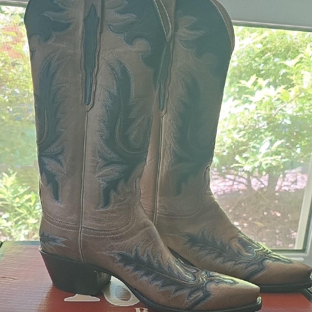 Lucchese Tan and Blue Embroidered Heeled Boots
